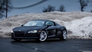 black audi r8 4.2 v8 coupe, photographed with a tilt-shift lens