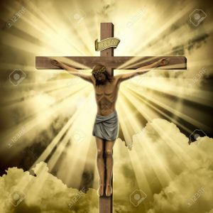 jesus christ on the cross with clouds stock photo, picture and