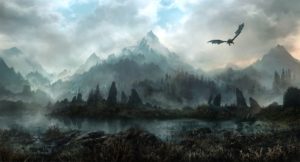 landscapes elder scrolls skyrim fantasy dragons flight mountains sky